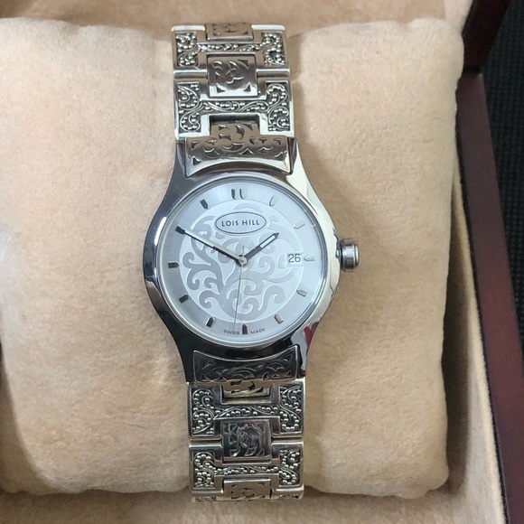 LOIS HILL Sterling Silver Large Round White Face Alternating Links Swiss Watch - Picture 9 of 17